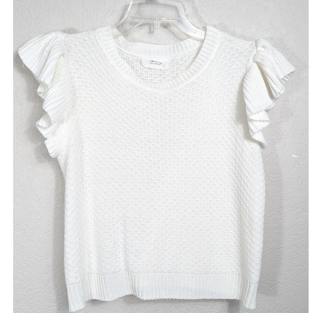 Sadie & Sage Sweater Cropped Women XL White Ruffle Cap Sleeve Pointelle Knit